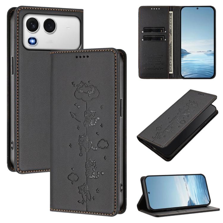 Black cat-illustrated magnetic RFID vegan leather wallet phone case, front and back view