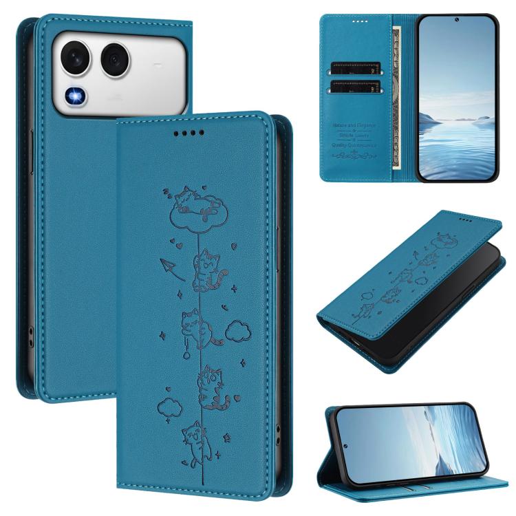 Blue cat-illustrated magnetic RFID vegan leather wallet phone case, front and back view
