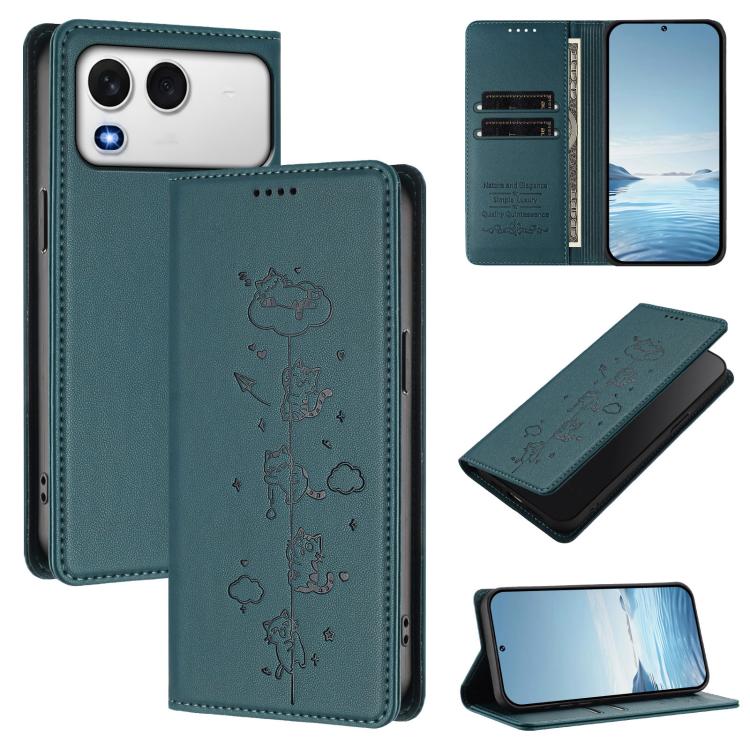 Dark blue cat-illustrated magnetic RFID vegan leather wallet phone case, front and back view