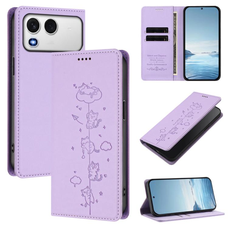 Magnetic RFID phone case in lilac vegan leather, embossed cat pattern, wallet card slots
