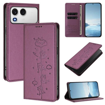 Magnetic RFID phone case in mauve vegan leather, embossed cat pattern, wallet with card slots