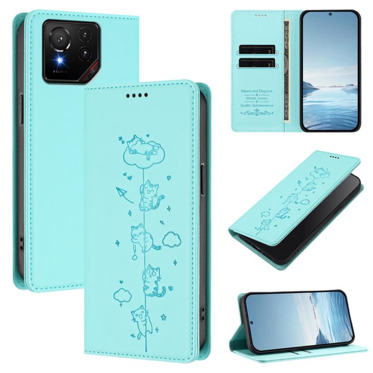 Cute Cats Embossed Magnetic RFID Vegan Leather Phone Case, For Asus Zenfone 12 Ultra, For Asus ROG Phone 9 / Phone 9 Pro, For Asus Zenfone 11 Ultra, For Asus ROG Phone 8 / Phone 8 Pro