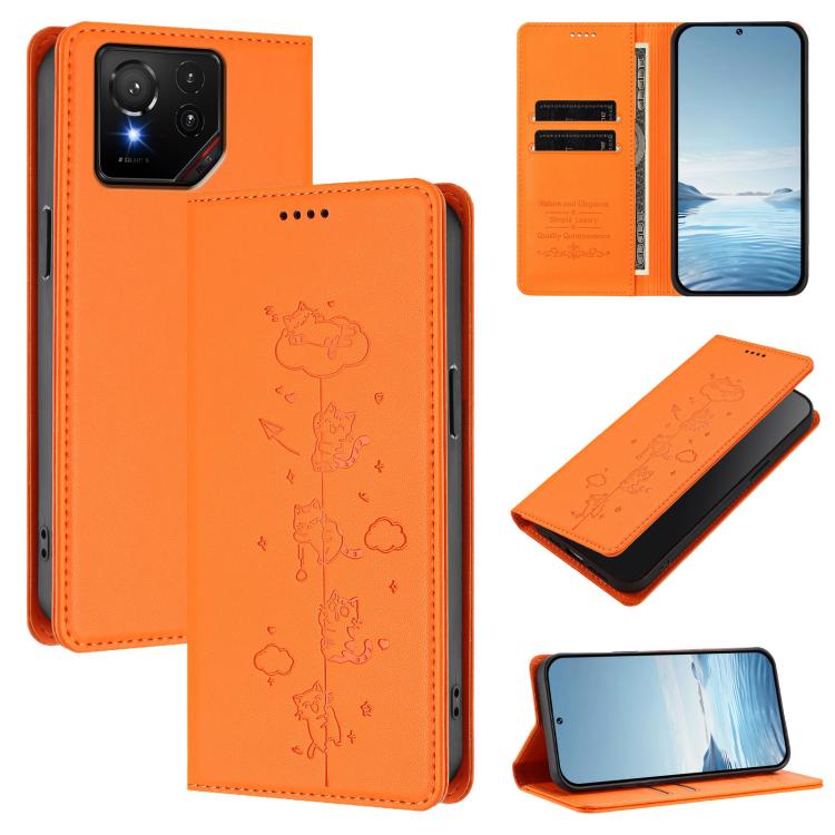Cute Cats Embossed Magnetic RFID Vegan Leather Phone Case, For Asus Zenfone 12 Ultra, For Asus ROG Phone 9 / Phone 9 Pro, For Asus Zenfone 11 Ultra, For Asus ROG Phone 8 / Phone 8 Pro