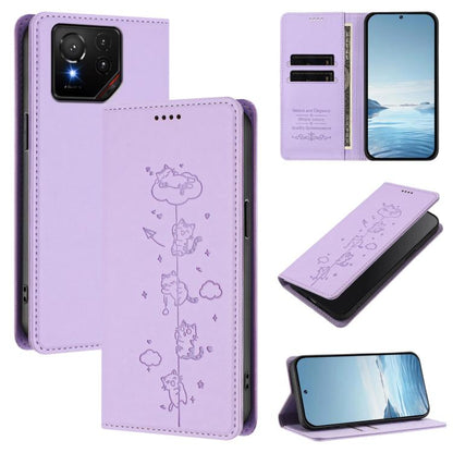 Cute Cats Embossed Magnetic RFID Vegan Leather Phone Case, For Asus Zenfone 12 Ultra, For Asus ROG Phone 9 / Phone 9 Pro, For Asus Zenfone 11 Ultra, For Asus ROG Phone 8 / Phone 8 Pro