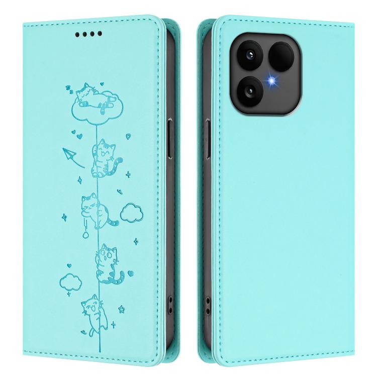 Mint blue phone wallet case with embossed cat line art, front and back view shown