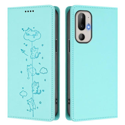 Mint green vegan leather phone case with embossed cats pattern and magnetic closure.