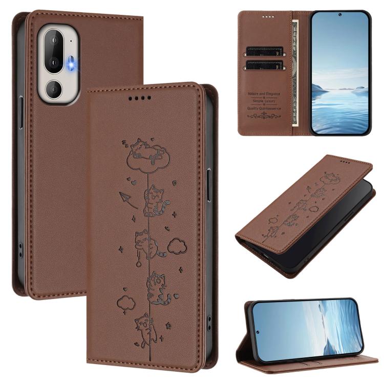 Brown vegan leather phone case with cat embossed design, magnetic flap, RFID card slots