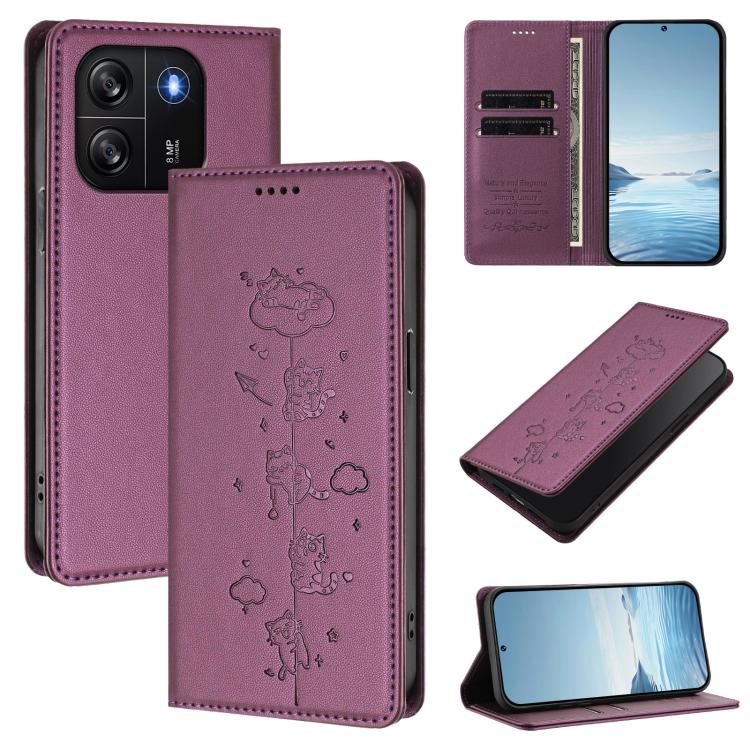 Cute Cats Embossed Magnetic RFID Vegan Leather Phone Case, For Blackview Oscal Flat 1C, For Blackview Wave 6C, For Blackview Shark 8 / Oscal Tiger 12, For Blackview A52 / A52 Pro, For Blackview A53