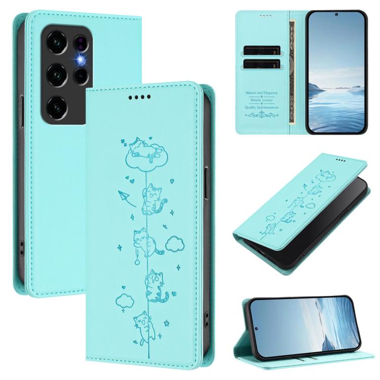 Light aqua cat embossed magnetic RFID vegan leather wallet phone case with flip cover