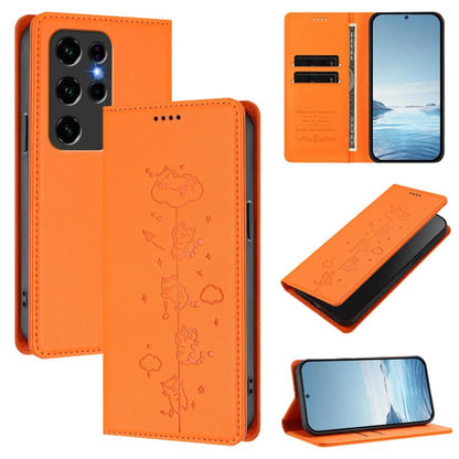 Orange cat embossed magnetic RFID vegan leather wallet phone case with flip cover