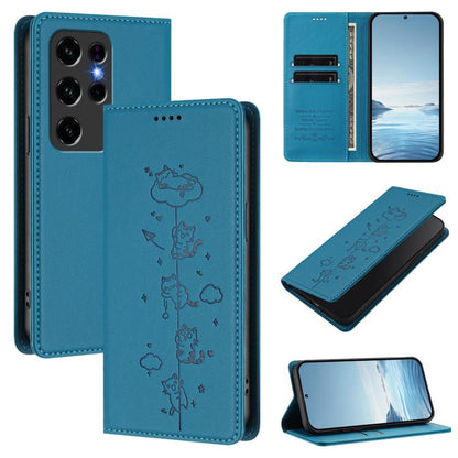 Mint blue magnetic flip phone case with embossed cute cat line-art and card slot