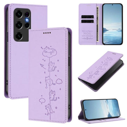 Light purple magnetic flip phone case with embossed cute cat line-art and card slot