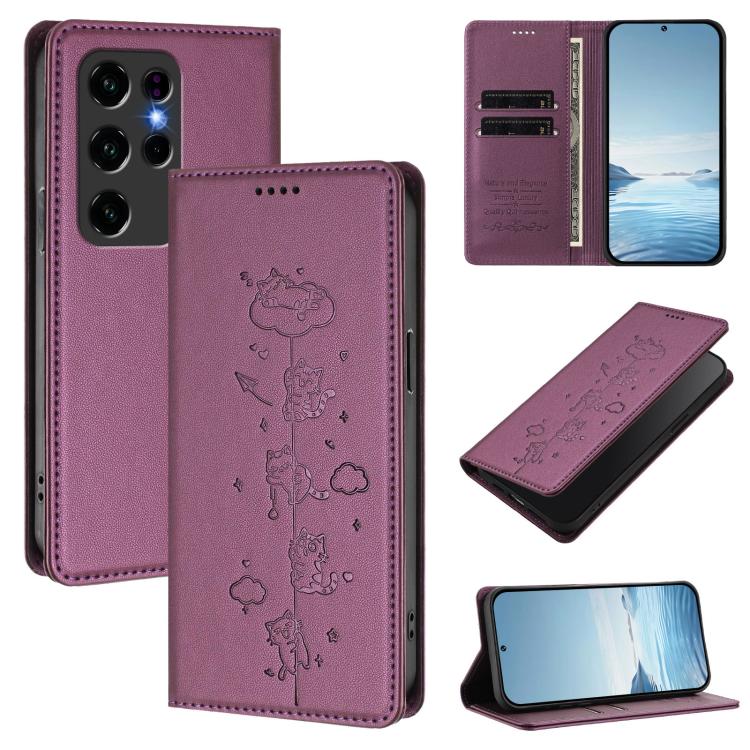 Violet purple magnetic flip phone case with embossed cute cat line-art and card slot