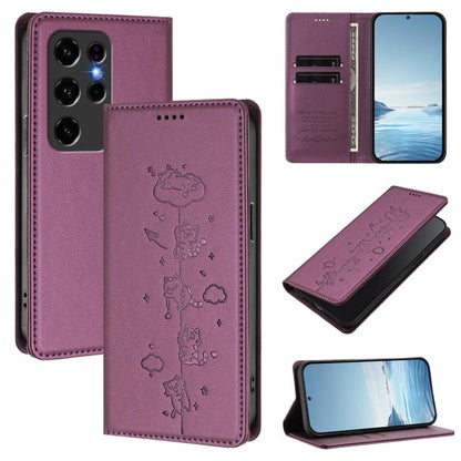 Violet purple magnetic flip phone case with embossed cute cat line-art and card slot