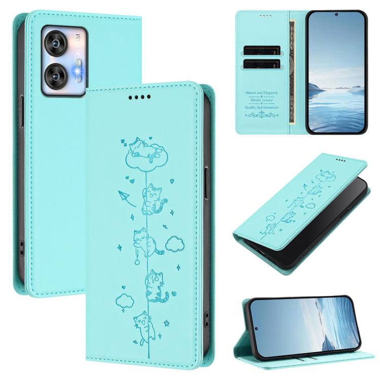 Mint green cat embossed magnetic wallet phone case with RFID protection for phone