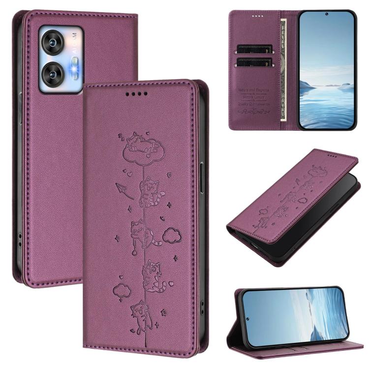 Plum purple cat embossed magnetic RFID vegan leather wallet phone case with flip cover