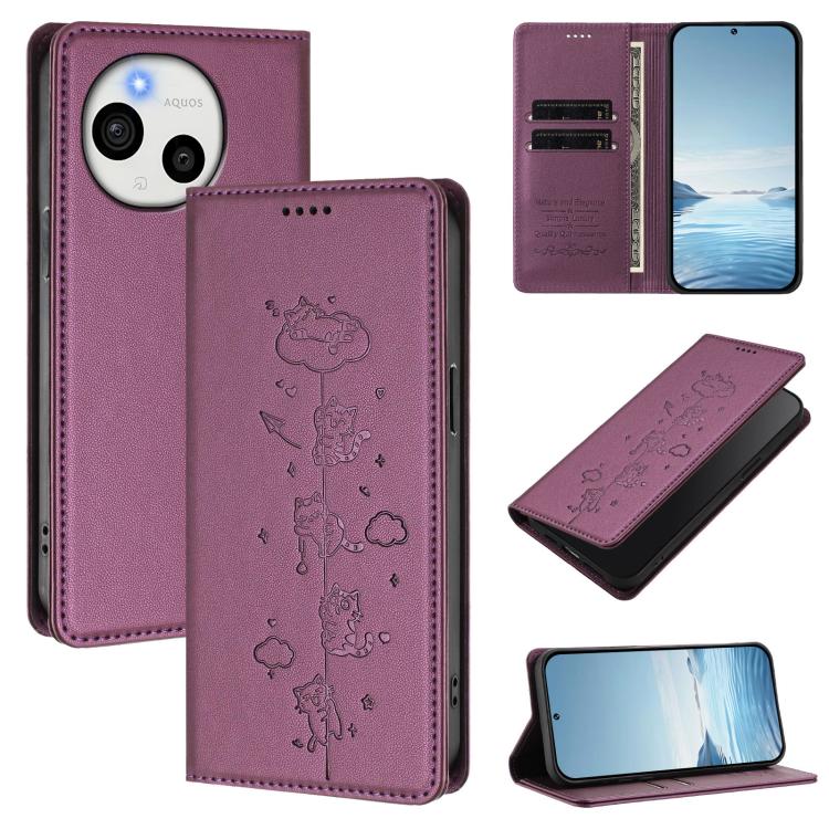 Cute Cats Embossed Magnetic RFID Vegan Leather Phone Case, For Sharp Aquos wish6, For Sharp Aquos R11, For Sharp Aquos Sense10 / Sense9, For Sharp Aquos R10, For Sharp Aquos Wish5, For Sharp Basio Active3, For Sharp Aquos Sense9 Plus                   ...