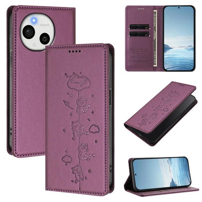 Cute Cats Embossed Magnetic RFID Vegan Leather Phone Case, For Sharp Aquos wish6, For Sharp Aquos R11, For Sharp Aquos Sense10 / Sense9, For Sharp Aquos R10, For Sharp Aquos Wish5, For Sharp Basio Active3, For Sharp Aquos Sense9 Plus                   ...