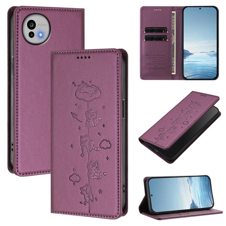 Cute Cats Embossed Magnetic RFID Vegan Leather Phone Case, For Sharp Aquos wish6, For Sharp Aquos R11, For Sharp Aquos Sense10 / Sense9, For Sharp Aquos R10, For Sharp Aquos Wish5, For Sharp Basio Active3, For Sharp Aquos Sense9 Plus                   ...