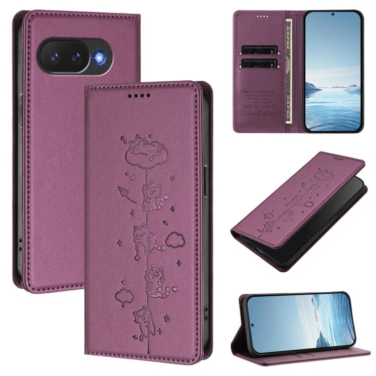 Cute Cats Embossed Magnetic RFID Vegan Leather Phone Case, For Google Pixel 11 Pro XL, For Google Pixel 11 Pro / Pixel 11, For Google Pixel 10a, For Google Pixel 10 Pro XL / Pixel 9 Pro XL, For Google Pixel 10 / 10 Pro / Pixel 9 / 9 Pro                ...