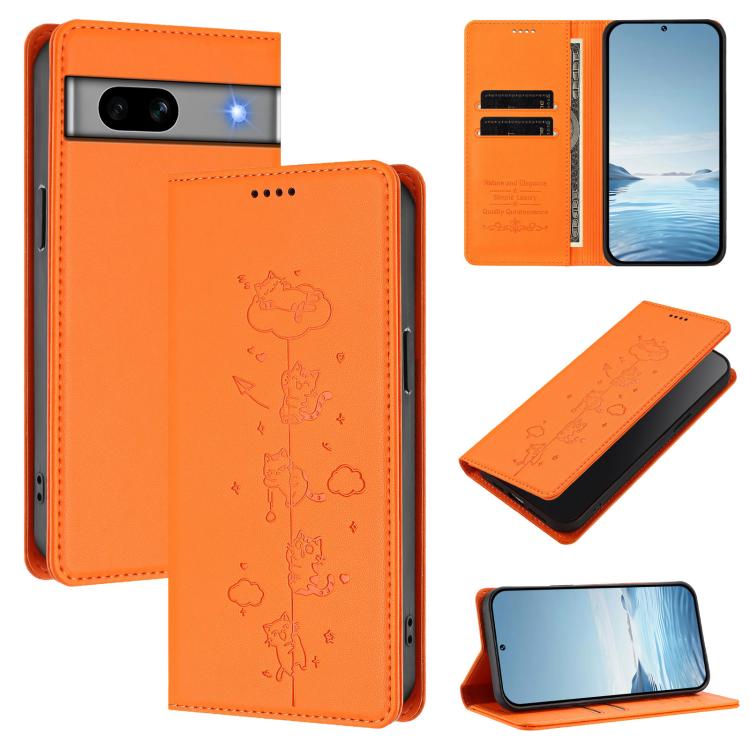 Cute Cats Embossed Magnetic RFID Vegan Leather Phone Case, For Google Pixel 7a