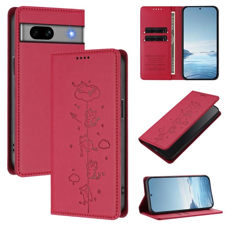 Cute Cats Embossed Magnetic RFID Vegan Leather Phone Case, For Google Pixel 7a