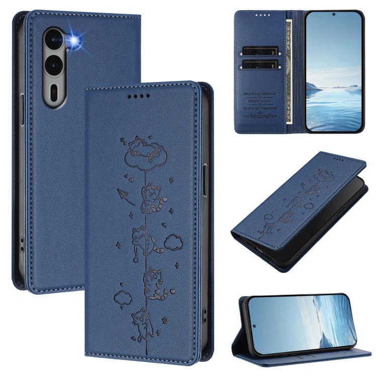 Cute Cats Embossed Magnetic RFID Vegan Leather Phone Case, For Fujitsu Arrows We3, For Fujitsu FCNT RakuRaku F-53E, For Fujitsu Arrows We2, For Fujitsu Arrows We2 Plus