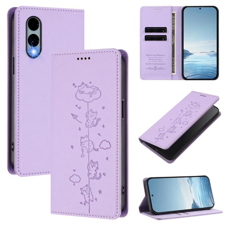 Cute Cats Embossed Magnetic RFID Vegan Leather Phone Case, For Fujitsu Arrows We3, For Fujitsu FCNT RakuRaku F-53E, For Fujitsu Arrows We2, For Fujitsu Arrows We2 Plus