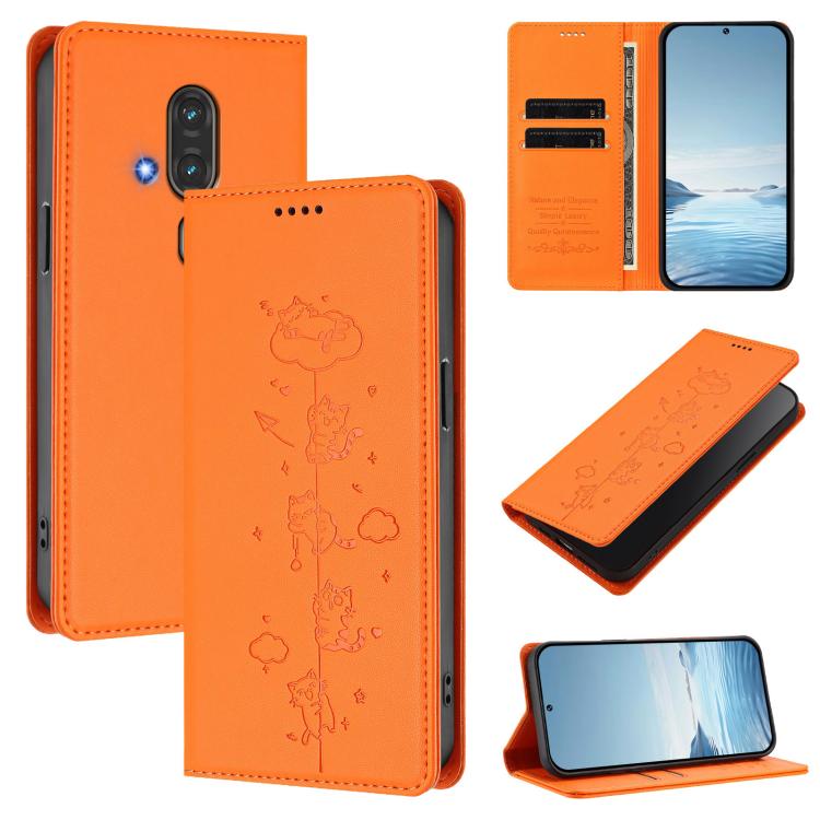 Cute Cats Embossed Magnetic RFID Vegan Leather Phone Case, For Fujitsu Arrows We3, For Fujitsu FCNT RakuRaku F-53E, For Fujitsu Arrows We2, For Fujitsu Arrows We2 Plus