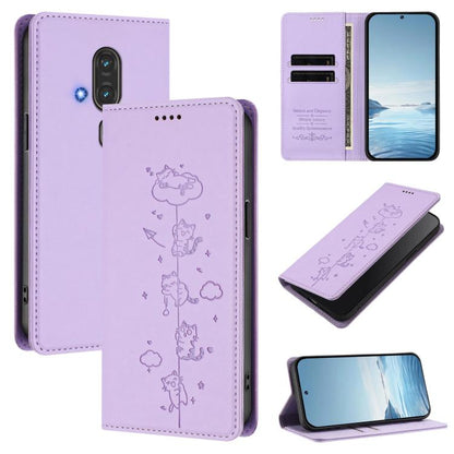 Cute Cats Embossed Magnetic RFID Vegan Leather Phone Case, For Fujitsu Arrows We3, For Fujitsu FCNT RakuRaku F-53E, For Fujitsu Arrows We2, For Fujitsu Arrows We2 Plus