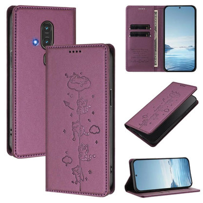 Cute Cats Embossed Magnetic RFID Vegan Leather Phone Case, For Fujitsu Arrows We3, For Fujitsu FCNT RakuRaku F-53E, For Fujitsu Arrows We2, For Fujitsu Arrows We2 Plus