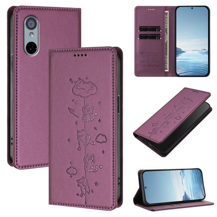 Cute Cats Embossed Magnetic RFID Vegan Leather Phone Case, For Fujitsu Arrows We3, For Fujitsu FCNT RakuRaku F-53E, For Fujitsu Arrows We2, For Fujitsu Arrows We2 Plus
