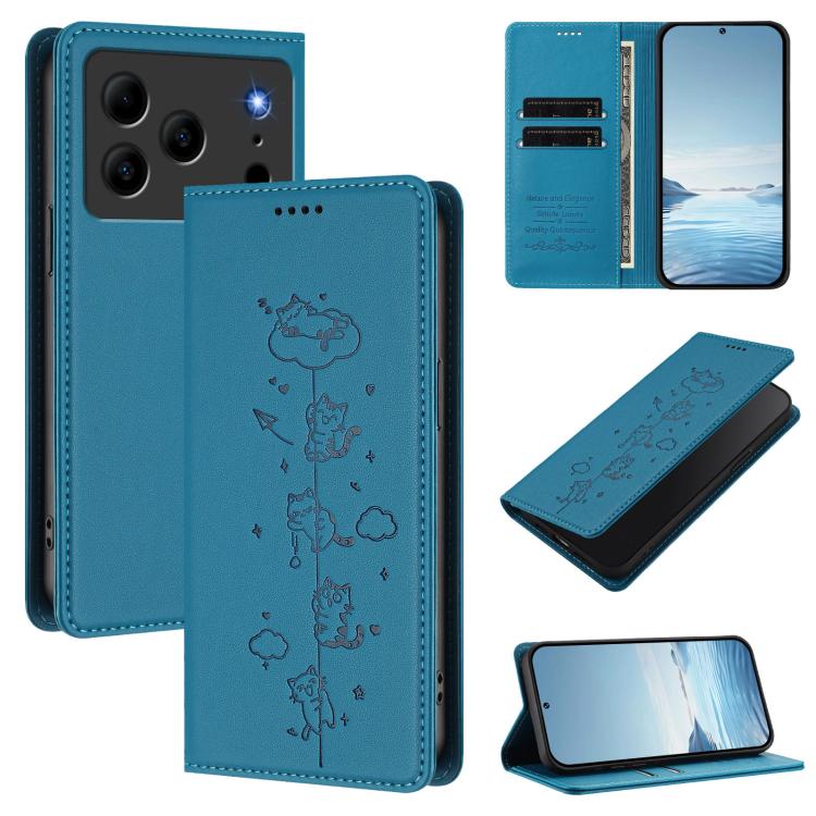 Teal vegan leather phone wallet case with embossed cats and magnetic RFID flap.
