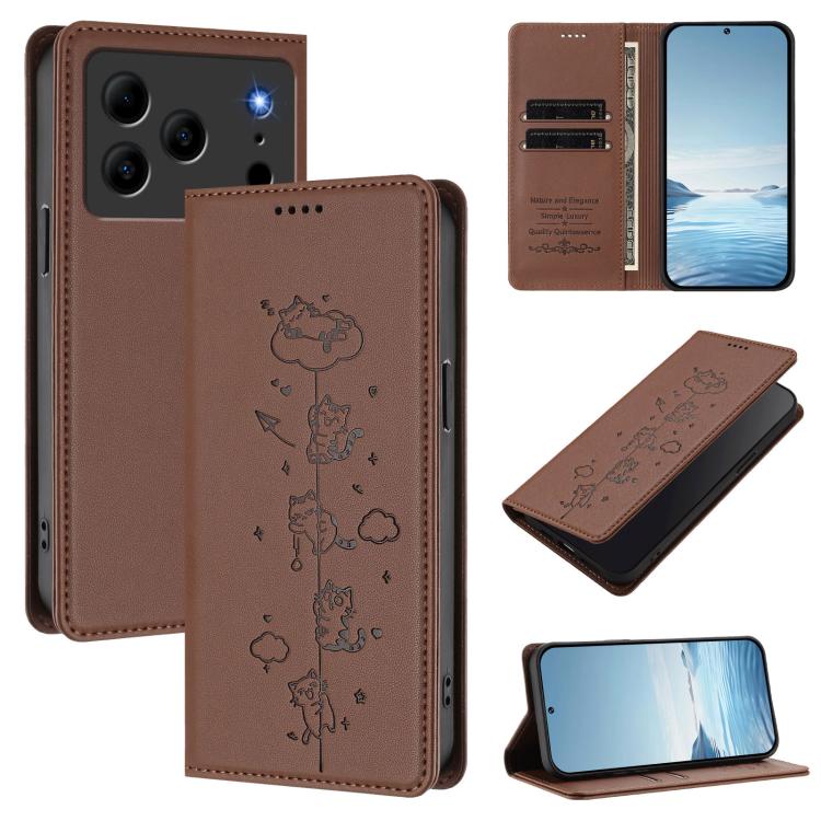 Brown vegan leather phone wallet case with embossed cats and magnetic RFID flap.
