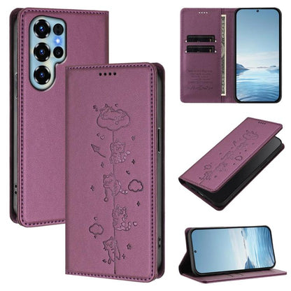 Violet purple magnetic phone wallet case with embossed cute cats and card slots