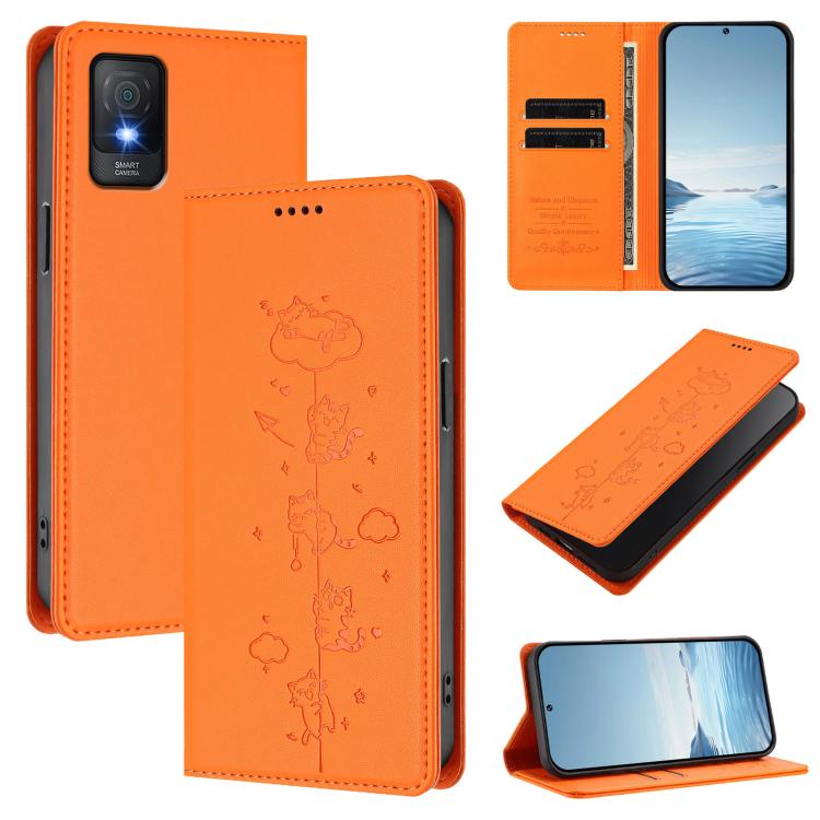 Cute Cats Embossed Magnetic RFID Vegan Leather Phone Case, For TCL 502, For TCL 40 XL, For TCL 40 SE, For TCL 403, For TCL 40R 5G, For TCL Stylus 5G