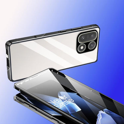 Black metal frame phone case with hinged tempered glass front cover, protecting the screen