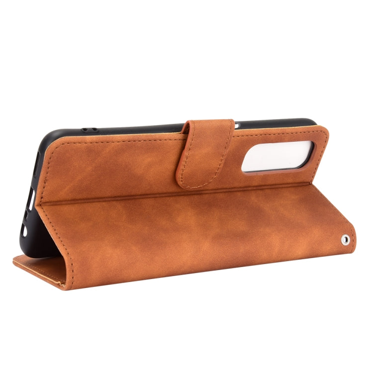 Brown PU leather folio phone case with stand angle and hand strap, wallet style