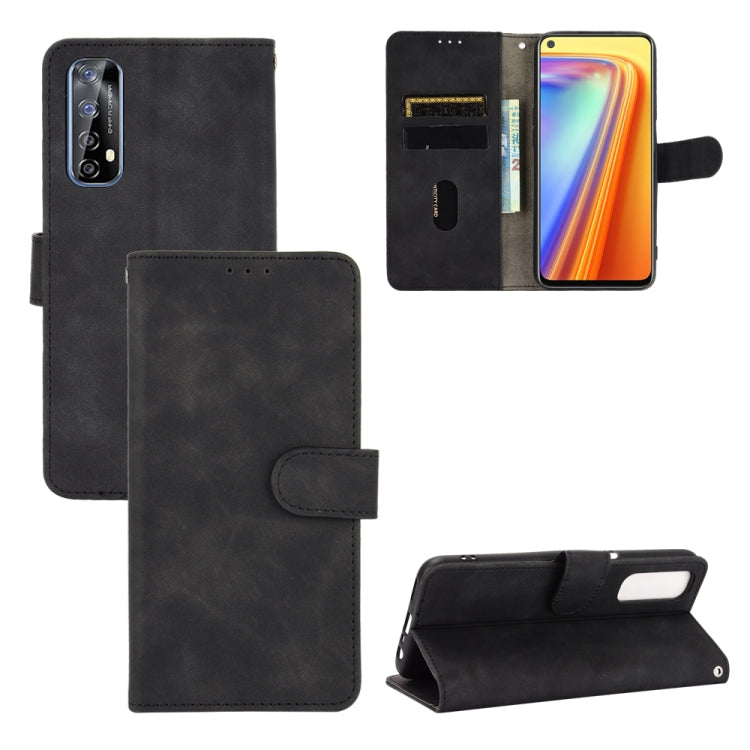 Black PU leather flip wallet case with magnetic buckle, card slots, and phone holder