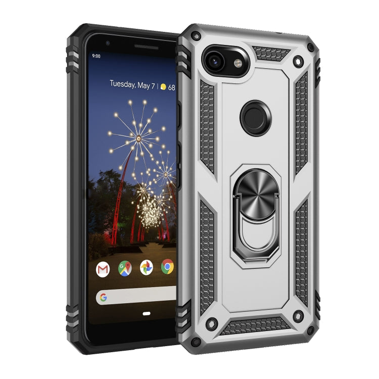 Shockproof TPU + PC protective phone case with silver rotating ring holder.