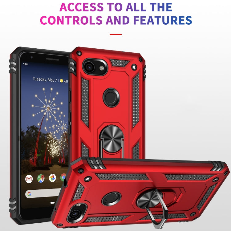 Shockproof TPU + PC protective phone case in red with rotating ring holder.