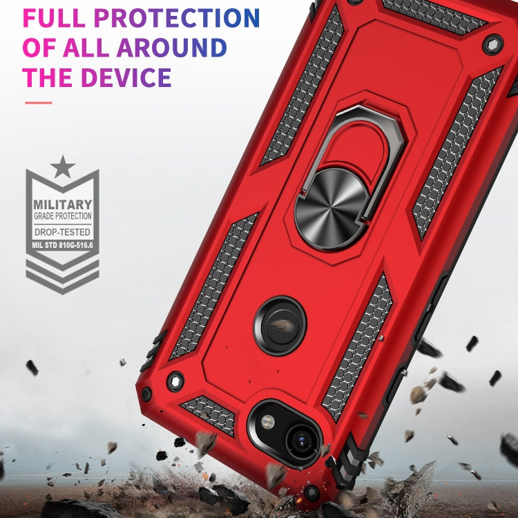 Shockproof TPU + PC protective phone case in red with built-in ring holder.