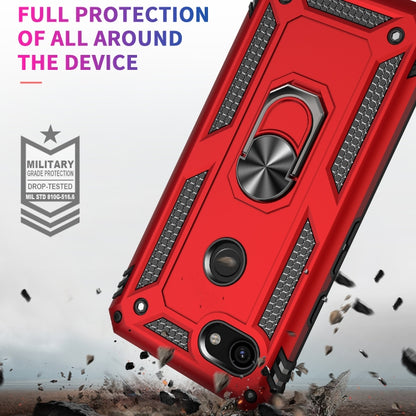Shockproof TPU + PC protective phone case in red with built-in ring holder.