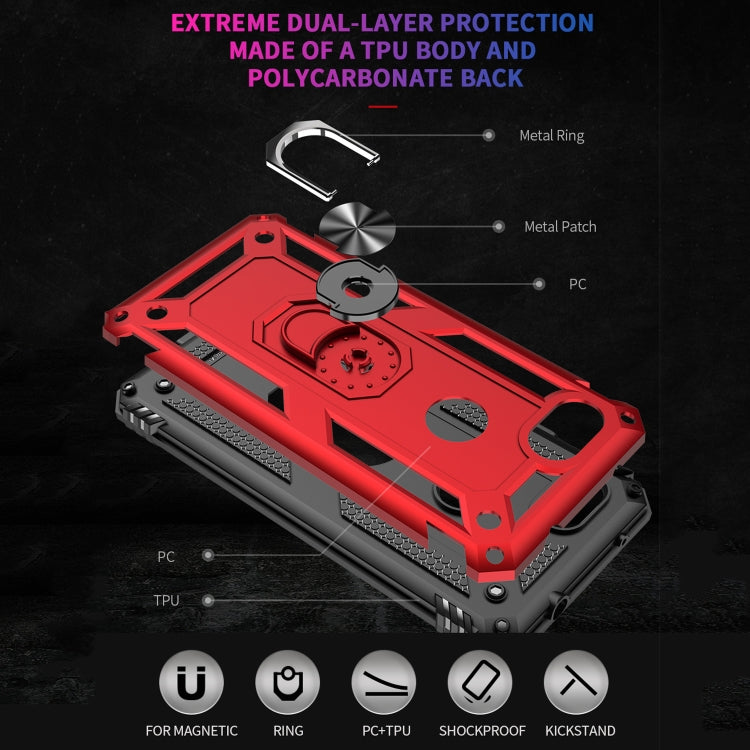 Shockproof TPU + PC protective phone case in red with rotating ring and cutouts.
