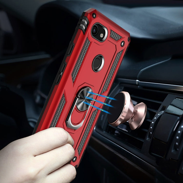 Shockproof TPU + PC protective phone case in red with rotating ring holder on dashboard.
