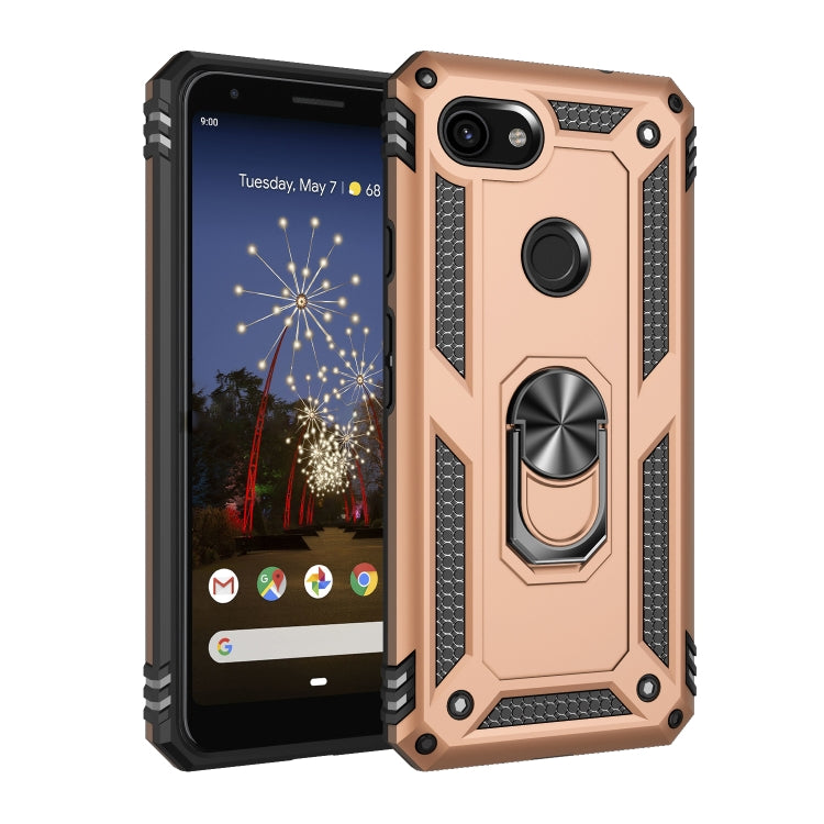 Shockproof phone case in rose gold with black armor, rotating ring holder; front and back view