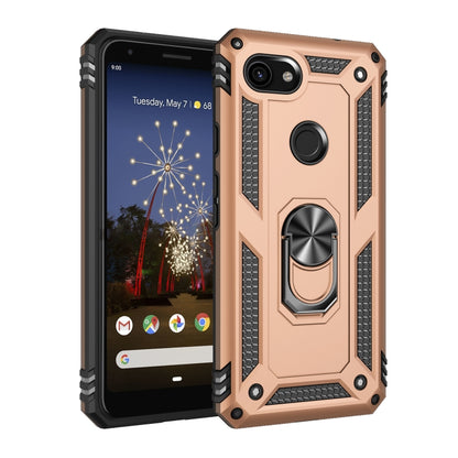 Shockproof phone case in rose gold with black armor, rotating ring holder; front and back view