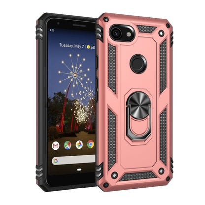 Shockproof phone case in pink-rose with black protective frame, rotating ring holder; front and back