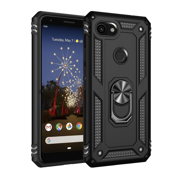 Shockproof phone case in black with rugged texture, rotating ring holder; front and back view