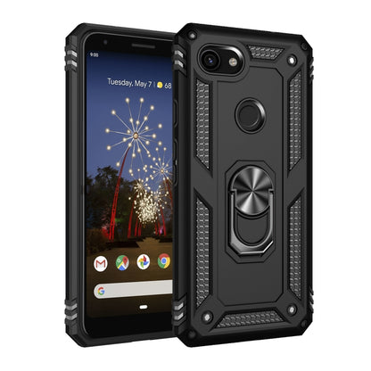Shockproof phone case in black with rugged texture, rotating ring holder; front and back view